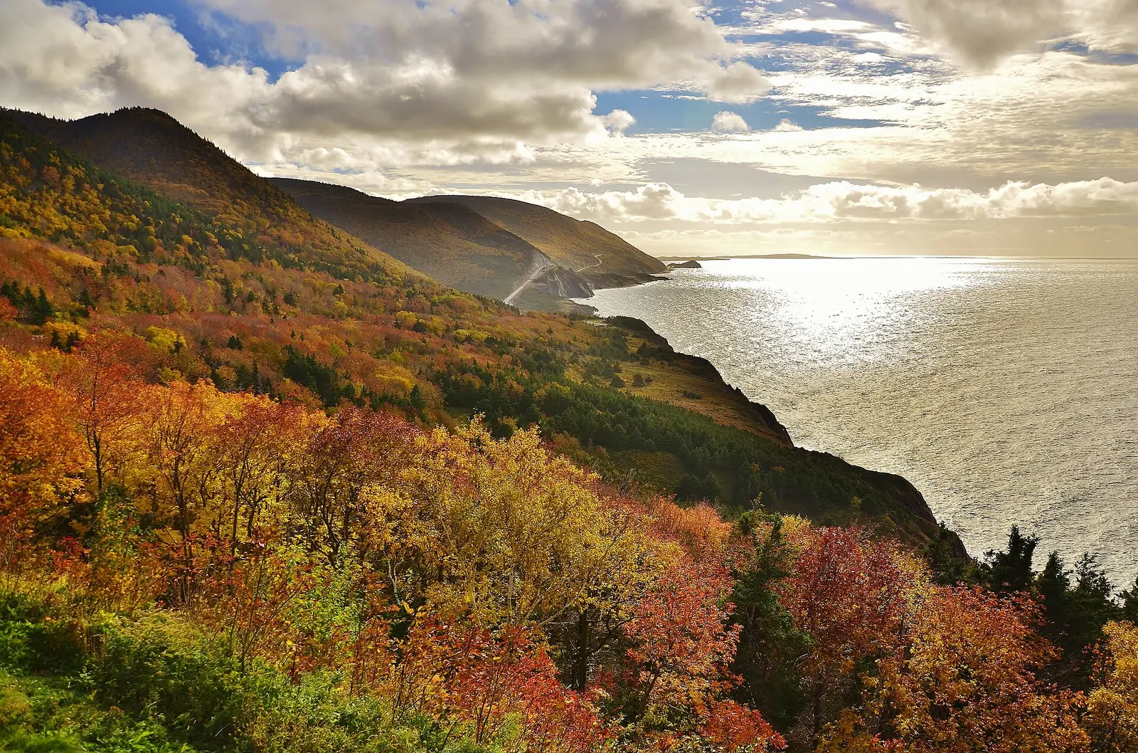 The Cabot Trail winding along the Cape Breton Highlands coastline above the Atlantic